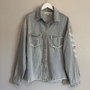 Vintage Havana Peace Sign Shacket Distressed Hems Denim Jacket Oversized Shirt L